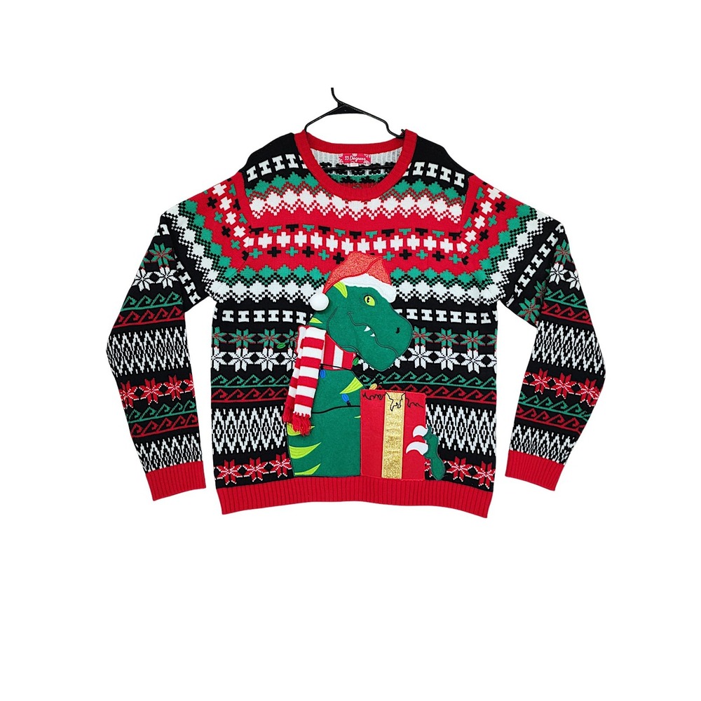 33 Degrees Ugly Christmas Sweater XXL Mens Red T-Rex Dinosaur Fair Isle Pocket